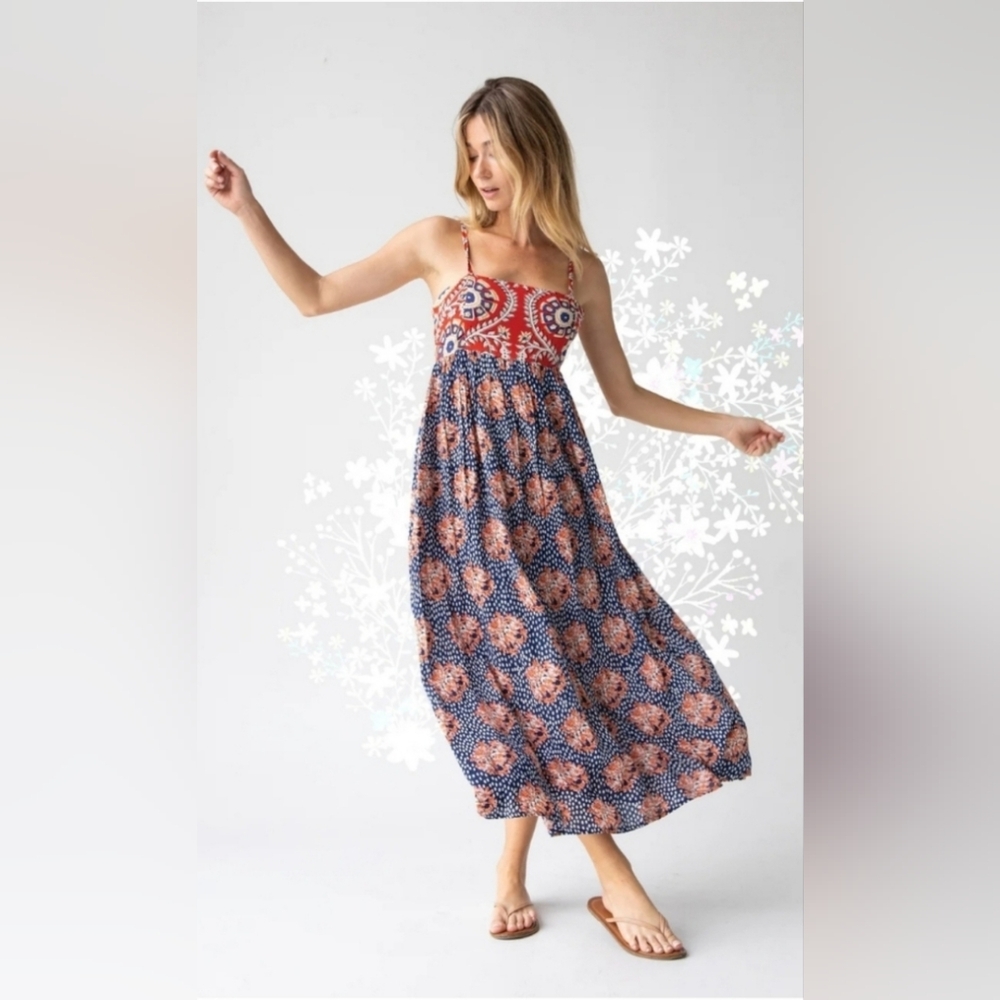 NATURAL LIFE Red and Blue Patterned Maxi Dress With Pockets, Never Worn